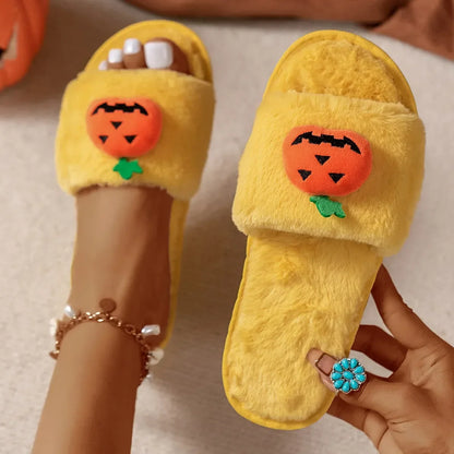 Pumpkin plush slippers indoor home slippers open toe design anti-slip PVC sole synthetic fur warm winter bedroom slippers for women available in white and yellow colour multi-size cartoon Halloween cute