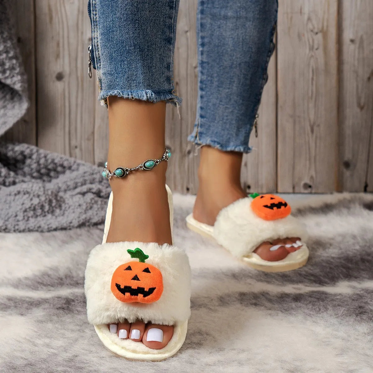 Pumpkin plush slippers indoor home slippers open toe design anti-slip PVC sole synthetic fur warm winter bedroom slippers for women available in white and yellow colour multi-size cartoon Halloween cute