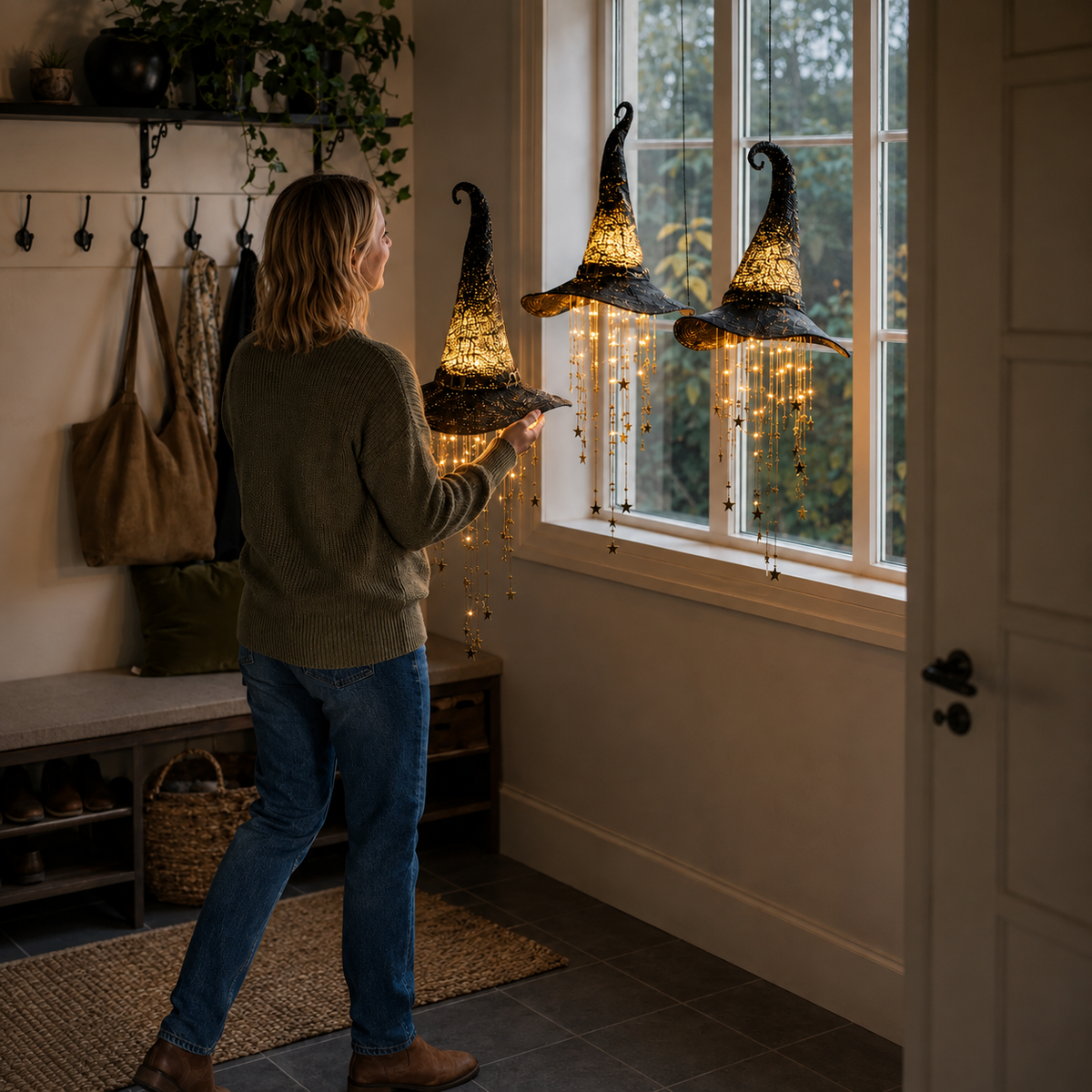 Lighted Witch Hat Hanging Decor вЂ“ Magical Halloween Porch & Window Light