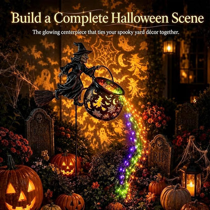 Halloween Witch Cauldron Garden Light, Colorful Waterfall-Style Light Flow Flying Witch Garden Stake, Halloween LED Projector Lights Decorations Outdoor for Yard Lawn Patio