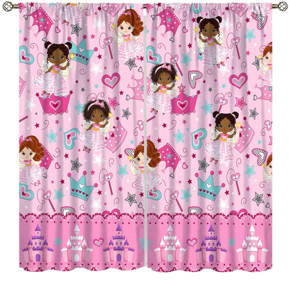 AAVEUP Kids Black Girls Curtains,Cartoon Pink Fantasy Magic Princess Castle Star Love African American Black Girl Window Treatments Drapes for Girls Living Room Bedroom 42x45inпј€No Blackoutпј‰
