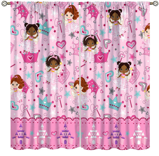AAVEUP Kids Black Girls Curtains,Cartoon Pink Fantasy Magic Princess Castle Star Love African American Black Girl Window Treatments Drapes for Girls Living Room Bedroom 42x45inпј€No Blackoutпј‰