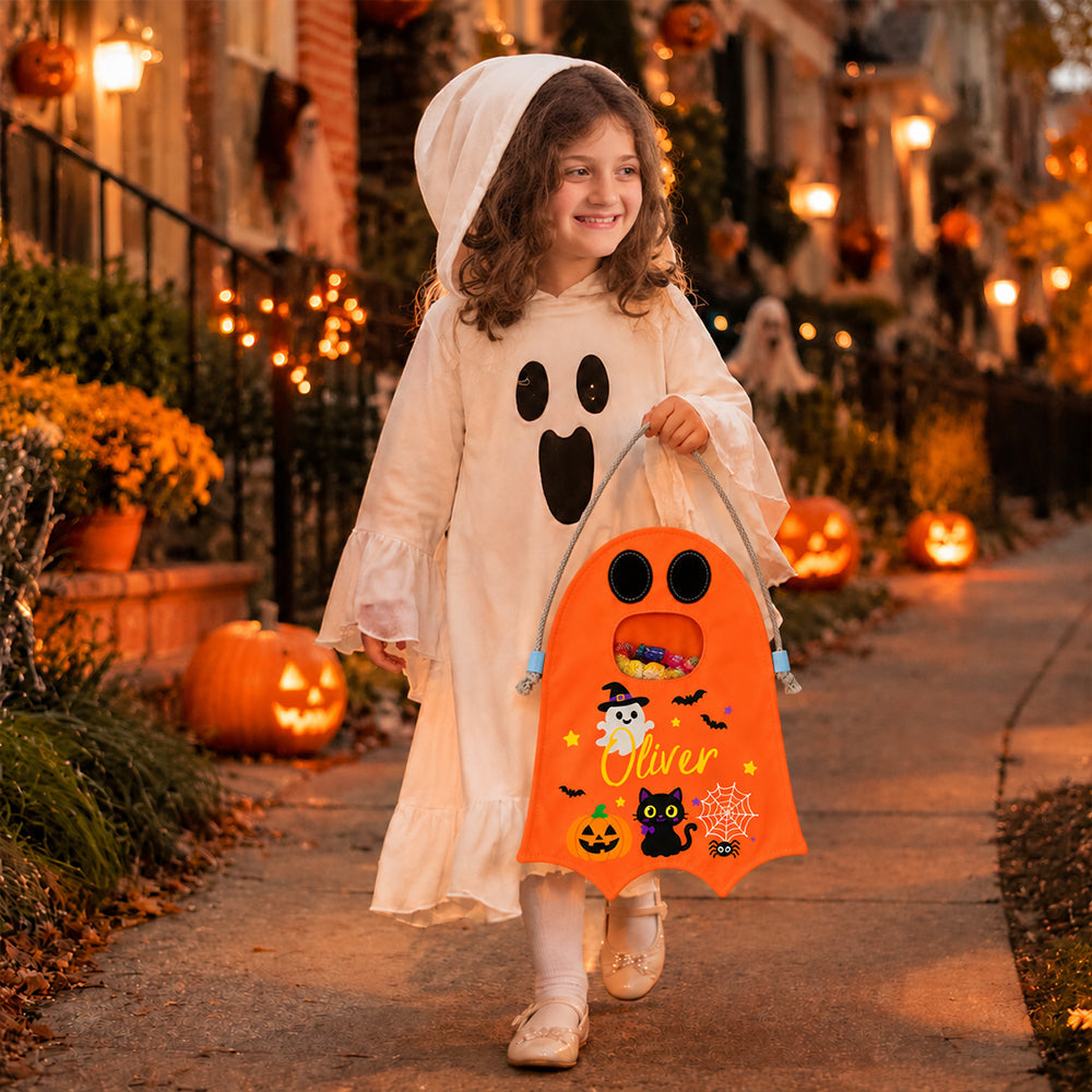 Personalized Halloween Ghost Candy Bag with Name Trick or Treat Drawstring Tote Bag Halloween Gift for Kids