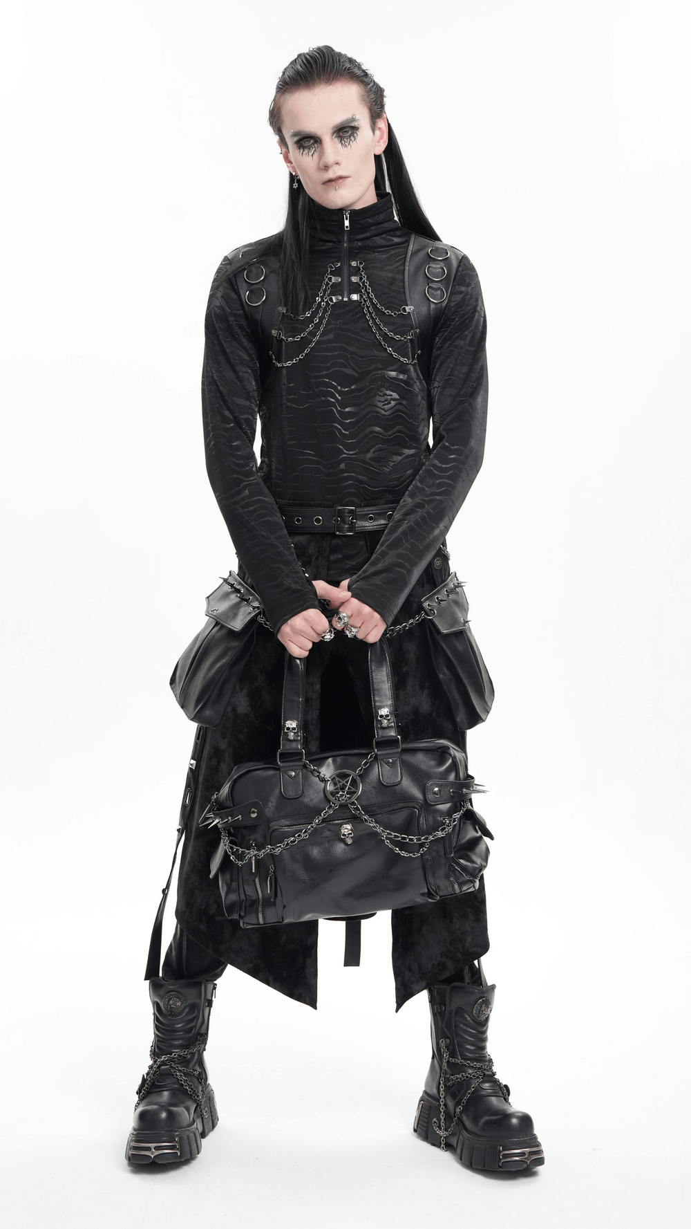 Gothic Chain Embellished Black Tote Bag with Spikes