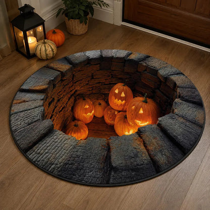 Halloween Pumpkin 3D Illusion Rug, Jack O Lantern Pit Round Rug, Spooky Well Floor Mat, Haunted House Decor