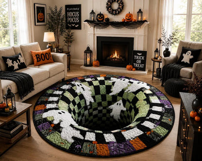 Spooky Halloween Patchwork Ghost Rug | Round Spooky Floor Mat Gift, Goth Decor